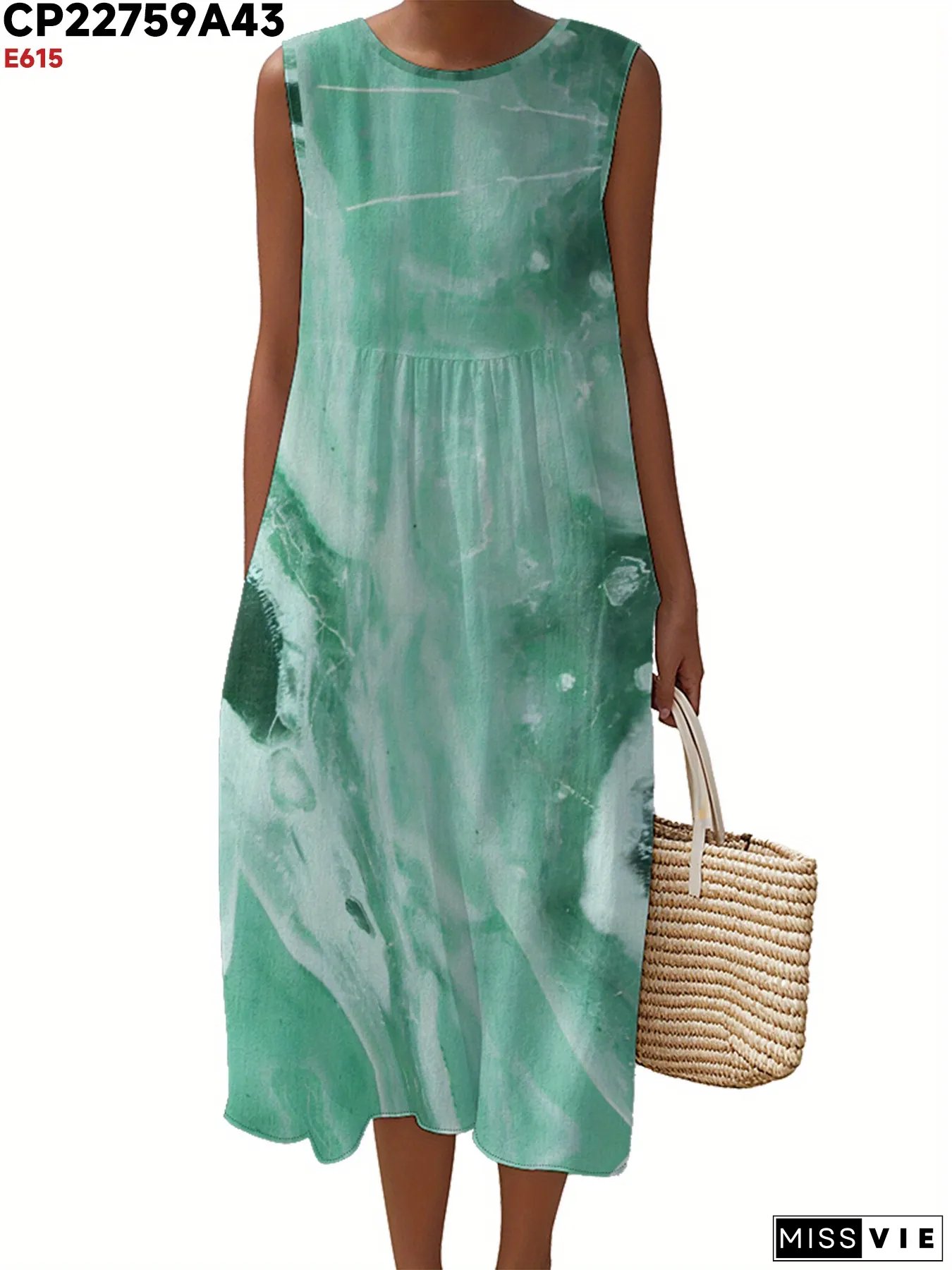 Womens Casual Elegant Sleeveless Maxi Dress With Pockets A-Line Round-neck Geometric Print