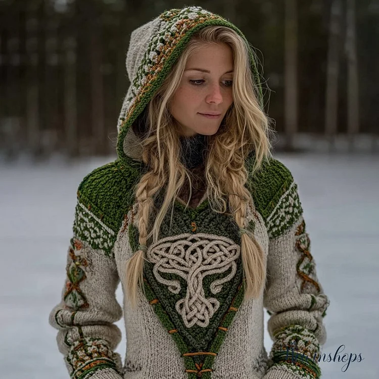 Women's Vintage Viking Tree Of Life Pattern Cozy Knit Hoodie Sweater