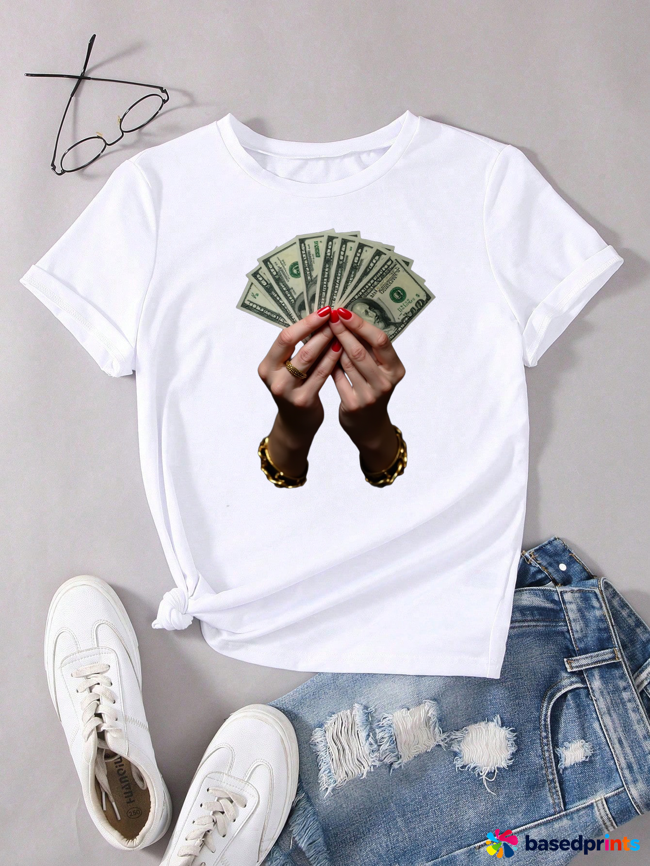 Money Hand Print Short Sleeve T-Shirt Casual Wear