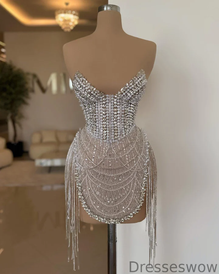Dresseswow Luxury Short Prom Dresses Sweetheart Beadings Tassels With Pearls