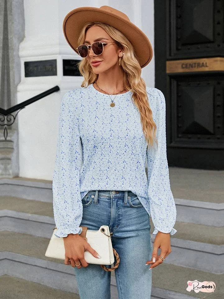 Printed Round Neck Flounce Sleeve Blouse