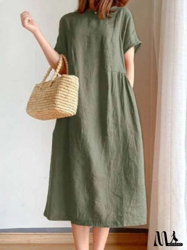 Casual Loose Solid Color Round-Neck Midi Dresses