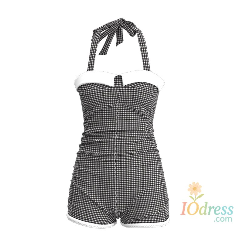 IO Dress USPOP Vintage Gingham One-Piece Swimsuit for Women, Retro Halter Neck Bathing Suit, Comfortable Summer Beachwear