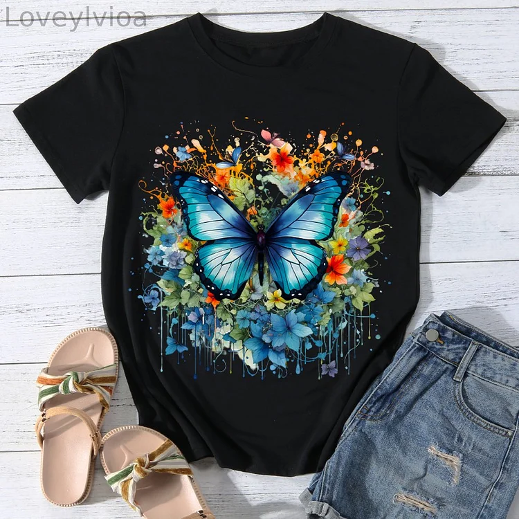 Intriguing Blossom Butterfly  Women Round Neck T-shirt BSTCA0004