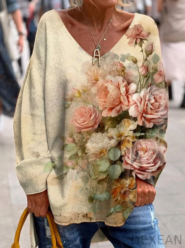 Retro Chic Old Floral Print Long Sleeve Top