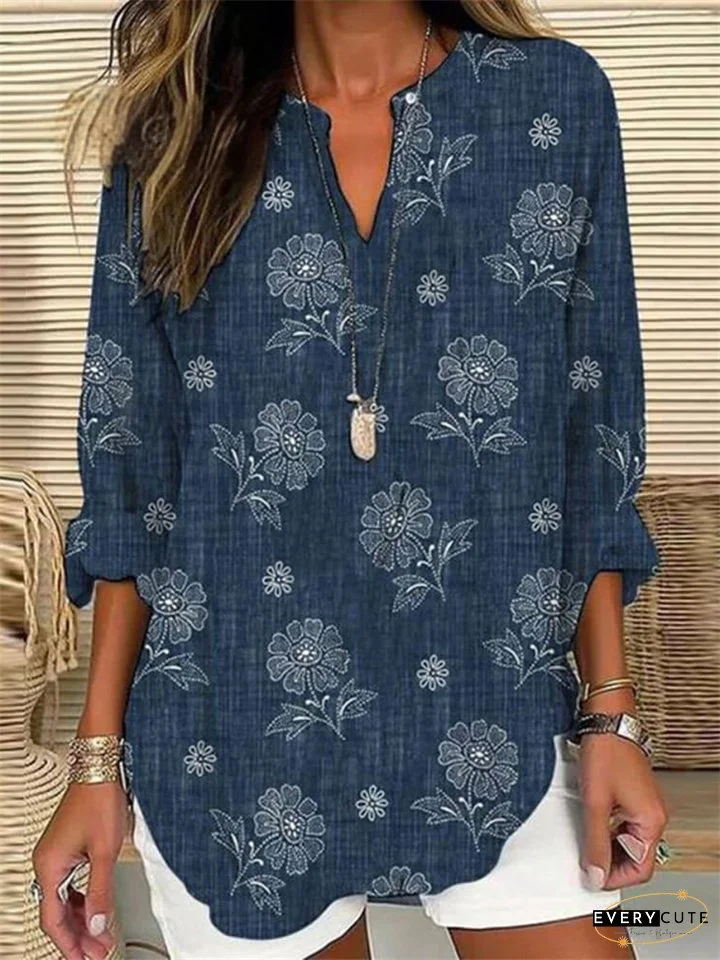 Women's Summer Small V-neck Big Size Long Sleeve Crushed Flower Casual Long Sleeve T-shirt