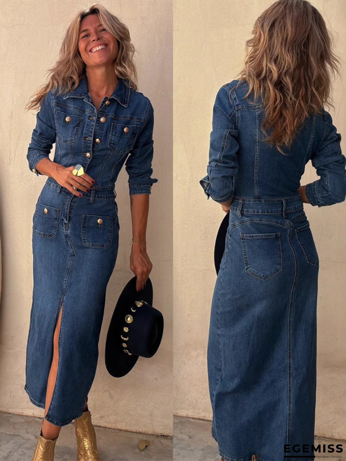 Women's Sexy Multi-Button Front Long Sleeve Denim Midi Dress - Stretchy Casual Chic Solid Color with Pockets, Machine Washable for Spring Summer Fall | EGEMISS