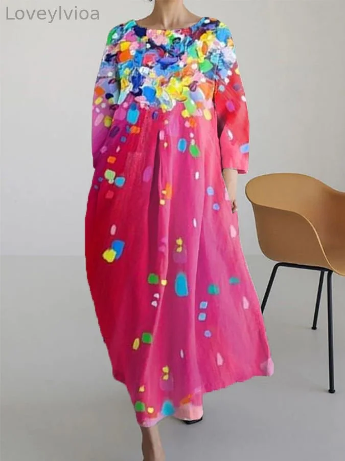 Women's oil painting Print Round Neck Casual Long Dress
