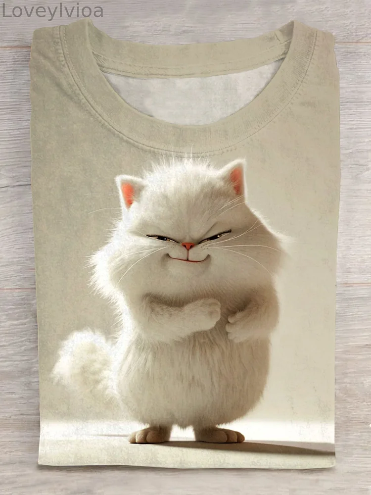 Cute Fluffy Cat Art Print Short Sleeve Casual T-shirt