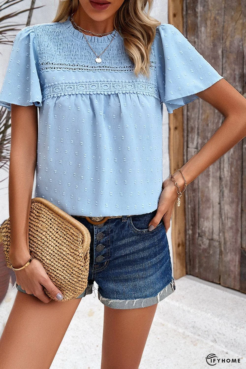 Swiss Dot Smocked Round Neck Short Sleeve Blouse | IFYHOME