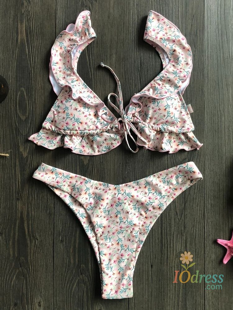 IO Dress Women's Summer Sexy Floral Print Ruffle High Cut Bikini Set Two Piece Swimsuit Two Pieces Bikini Swimwear Swimsuit Beachwear