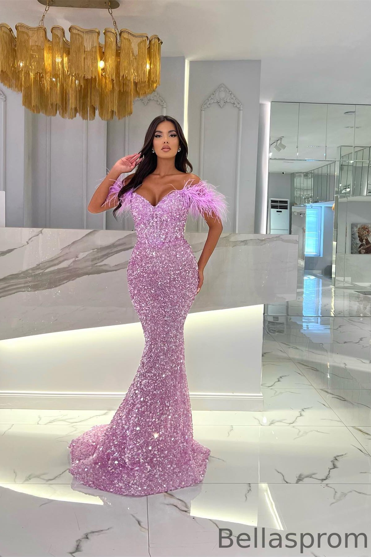 Bellasprom Lilac Off-The-Shoulder Sweetheart Mermaid Prom Dress With Sequins Feathers Bellasprom