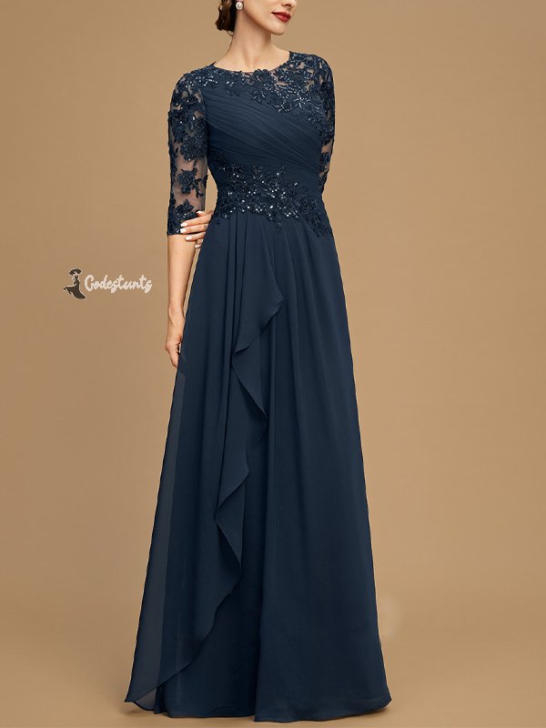 Round Neck Lace Solid Color Mesh Maxi Dress