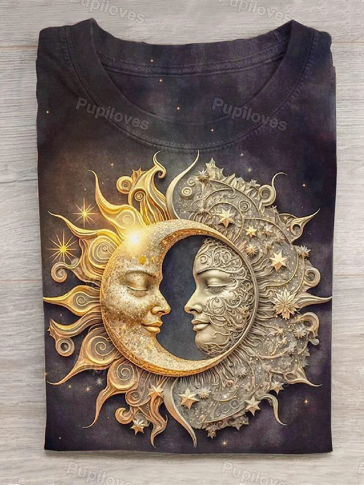 Pupiloves Pupiloves  Unisex Sun Moon And Stars Sun God Totem Art Print Design T-shirt