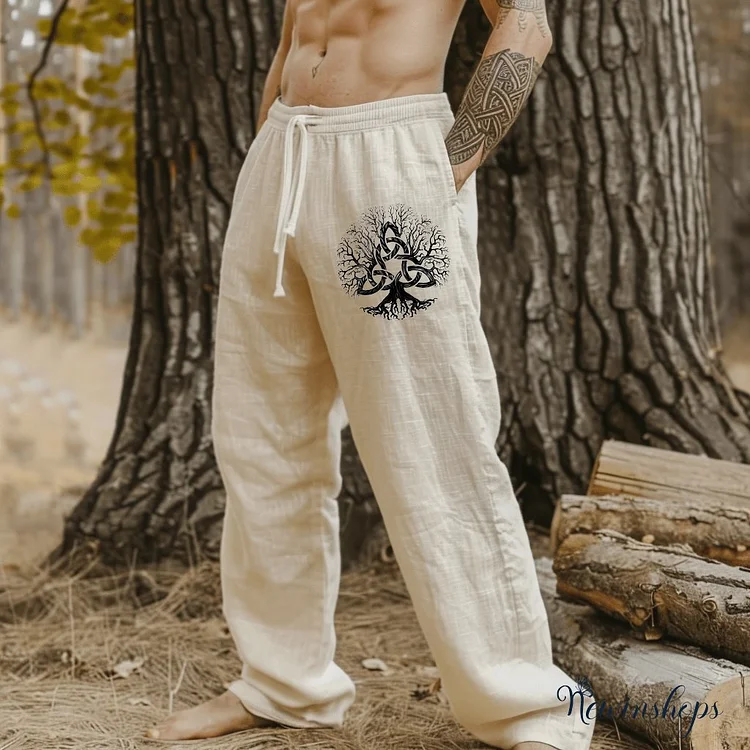 Vintage Viking Tree Of Life Art Linen Loose Wide-leg Pants