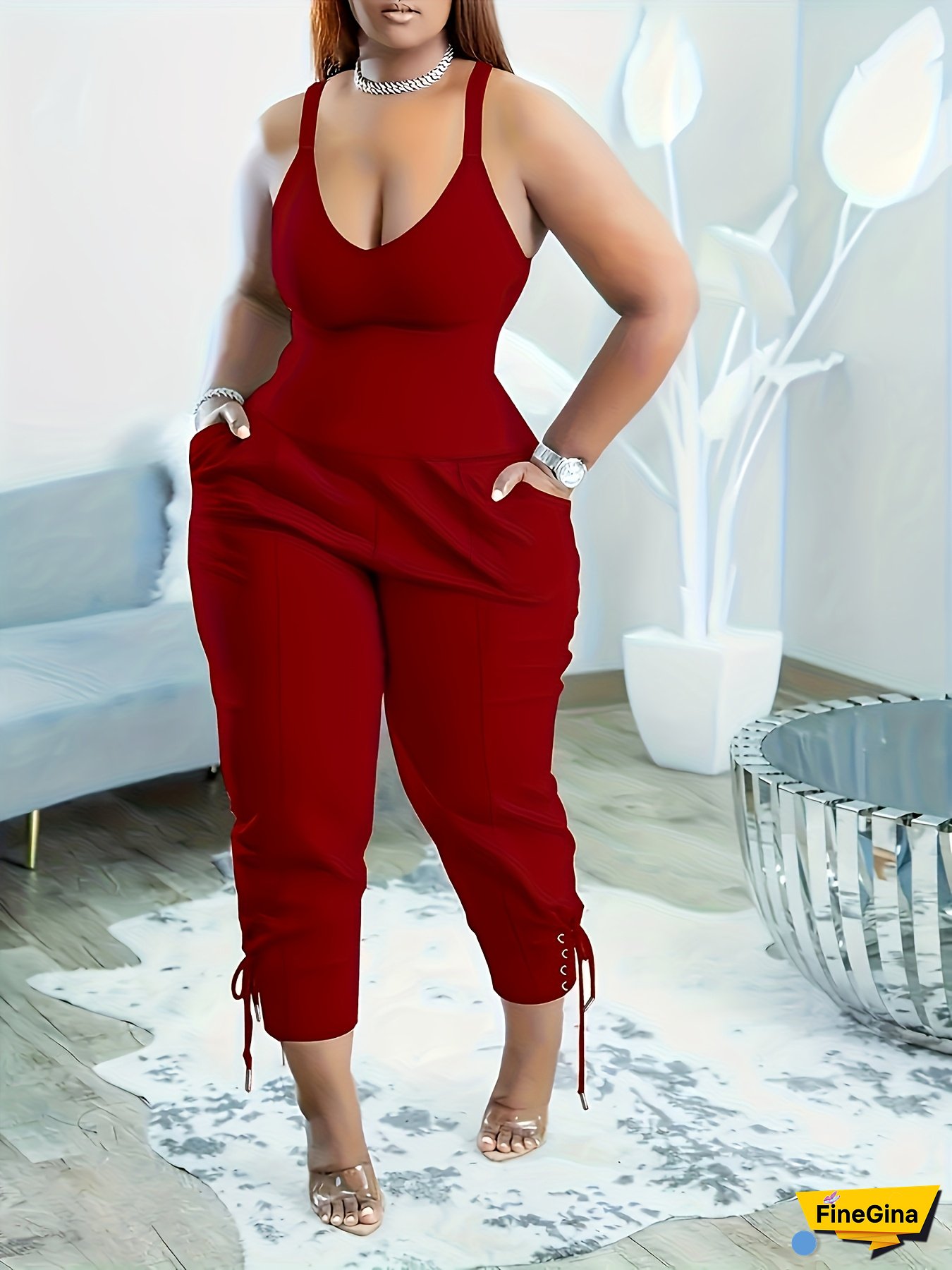 Women‘s Stylish Blue Sleeveless Jumpsuit - Casual V-Neck with Drawstring Waist, Long Pants & Cuffed Ankles, Versatile Romper for Casual Attire