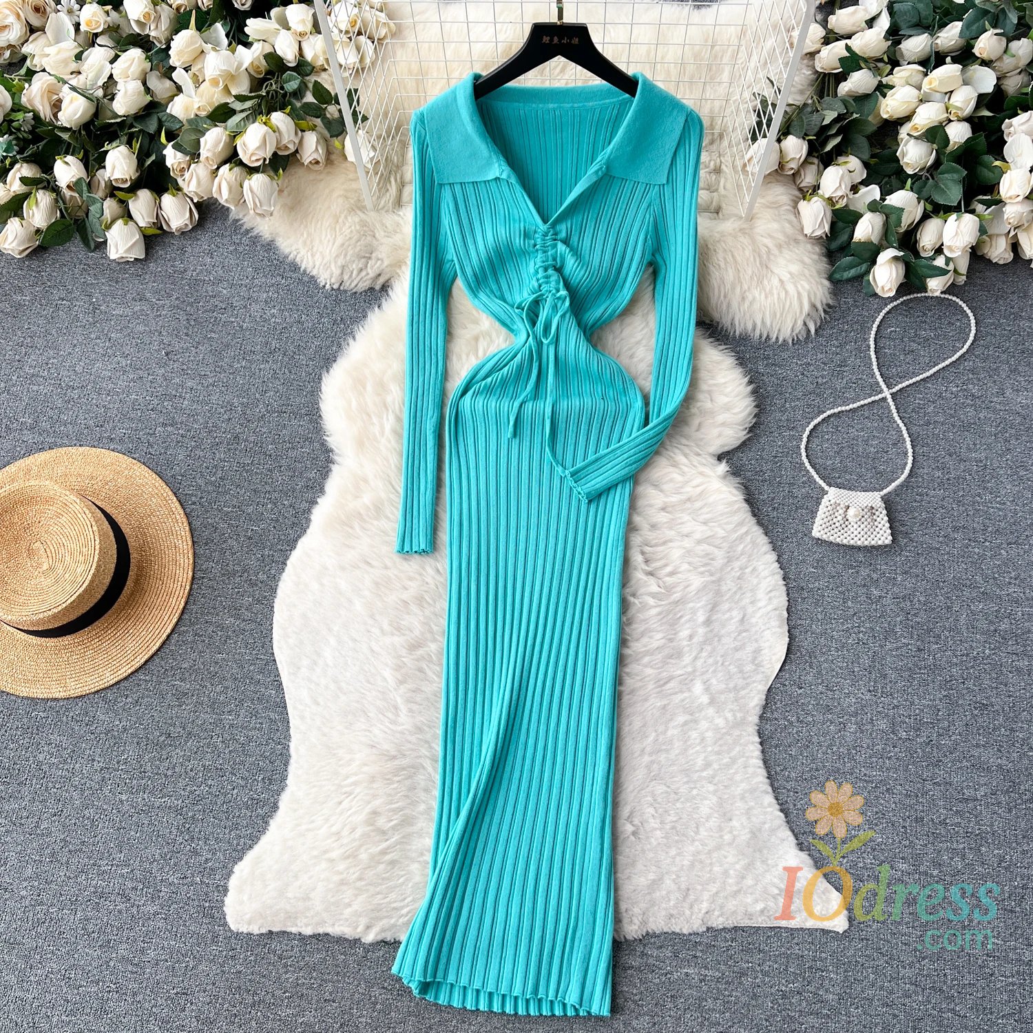 IO Dress YuooMuoo Chic Fashion Elegant Turn-down Collar Knitted Long Dress 2024 Autumn Winter Korean Fashion Ribbed Office Lady Bodycon