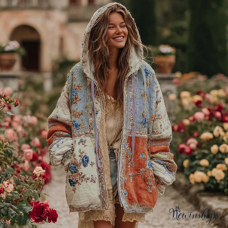 Women's Vintage Floral Color Block Warm Zip Hoodie Cardigan