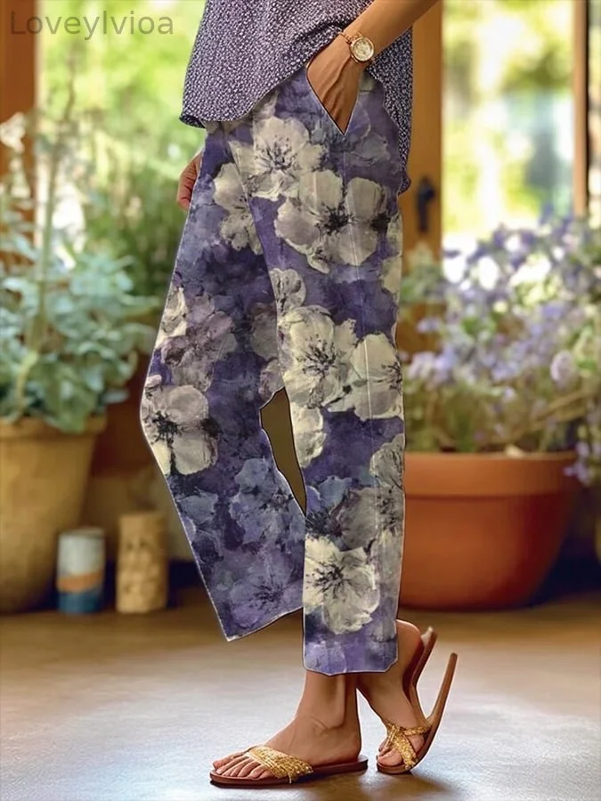 Women's Retro Purple Small Floral Flowers Print Pockets Casual Pants