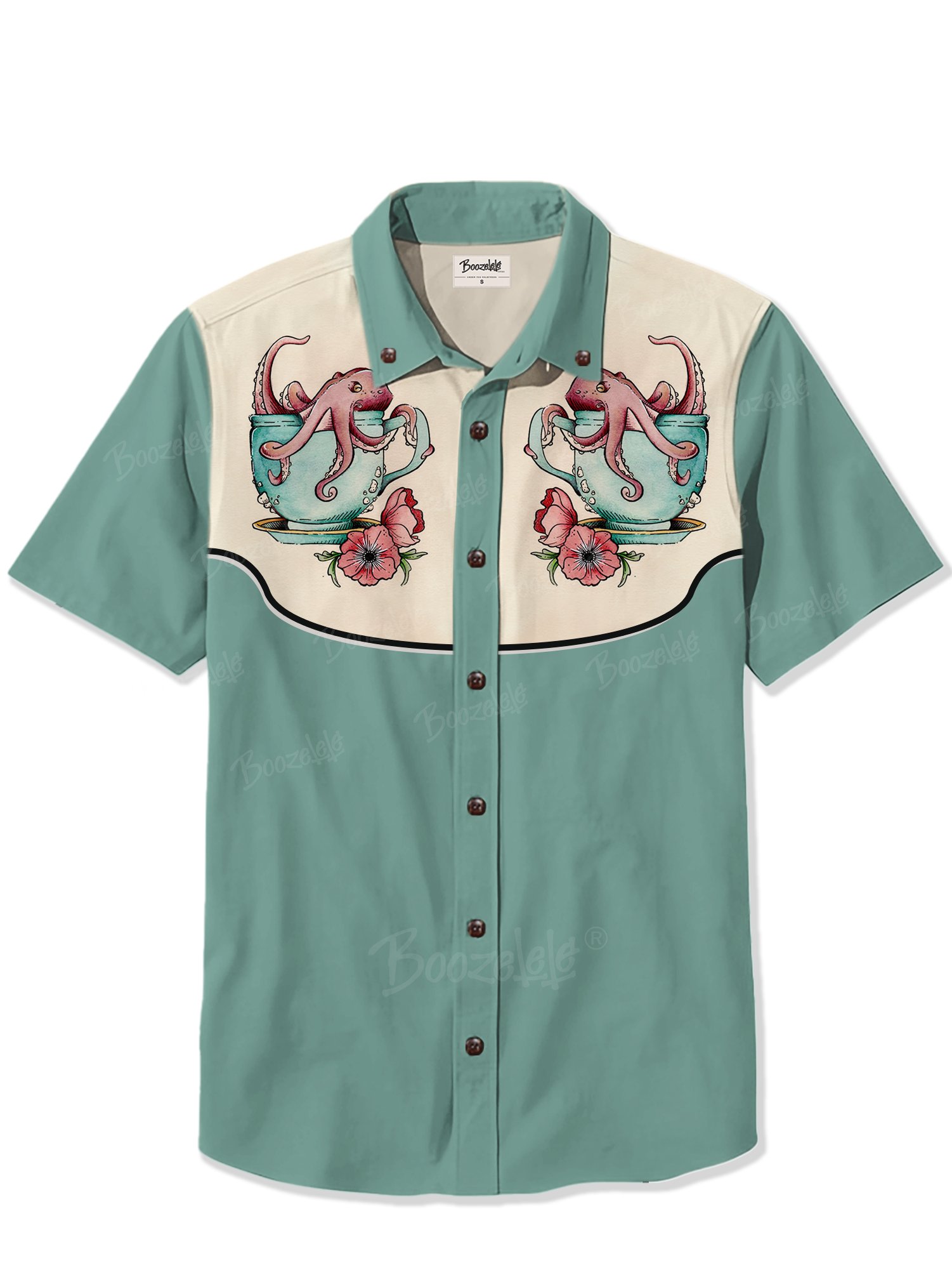 Marine Animals Octopus In Cup And Flowers - 100% Cotton Shirt