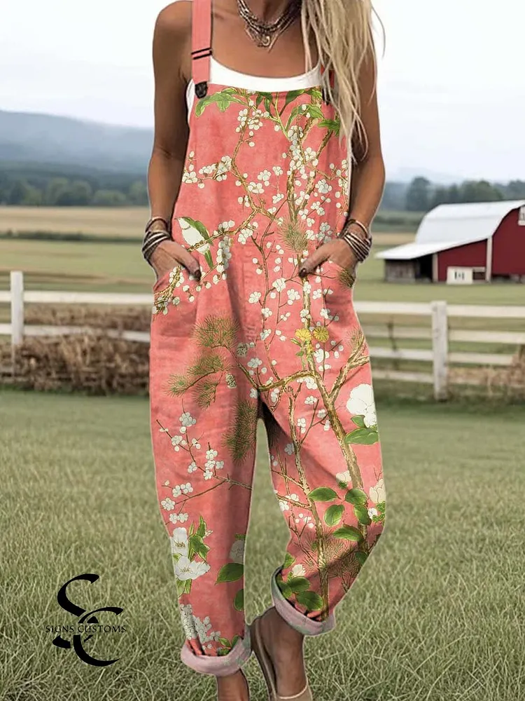 Women's Vintage Floral Art Print Casual 100% Cotton Wide Leg Jumpsuit