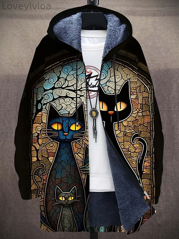 Retro Cat Geometric Pattern Print Plush Thick Long-Sleeved Sweater Cardigan Coat
