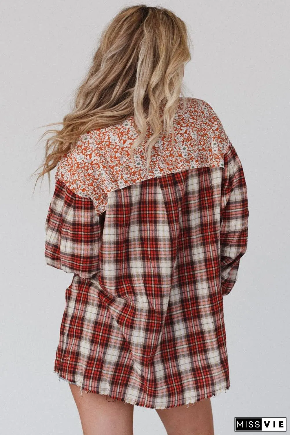 Floral Plaid Mixed Print Bishop Sleeve Patchwork Top