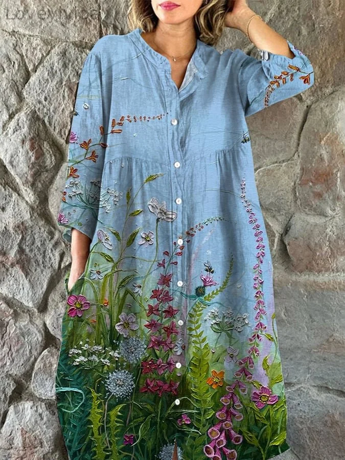 Women's Art Botanical Floral Print Single Breasted Dress