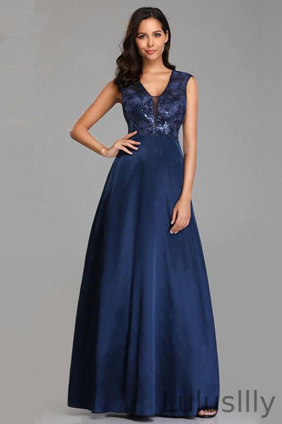 Eleagnt Navy Blue Evening Party Gowns Long Sleeveless Sequins Prom Dress - lulusllly