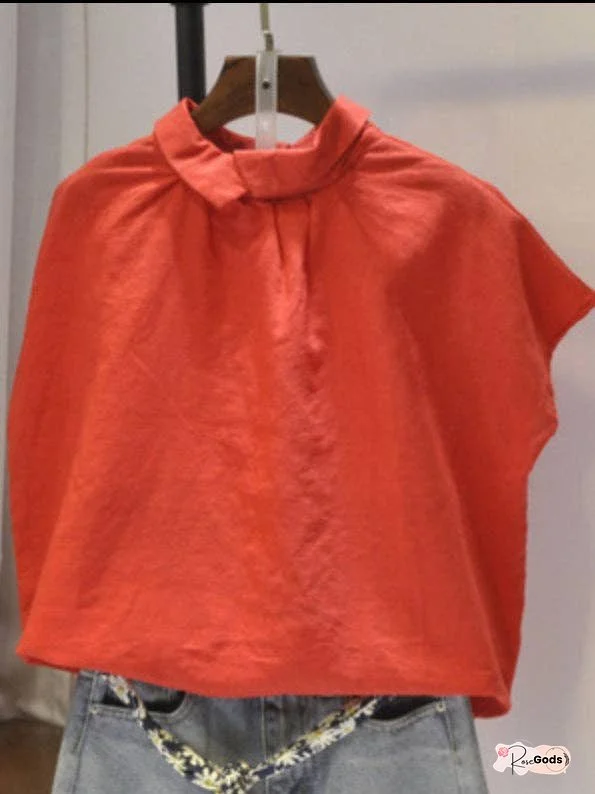 Artistic Retro Short Sleeves Loose Pleated Solid Color Blouses&Shirts Tops