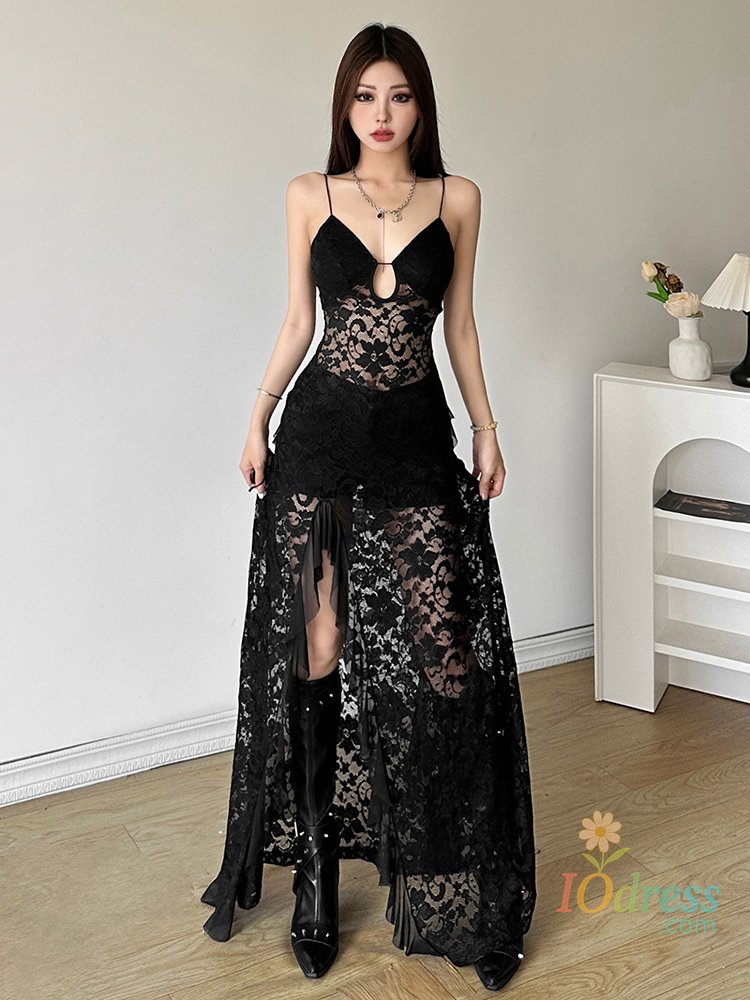 IO Dress Nibber Sexy See Through Lace Sleeveless Long Dress Women Patchwork Summer Backless V-neck Side Slit Party Evening Maxi Vestidos
