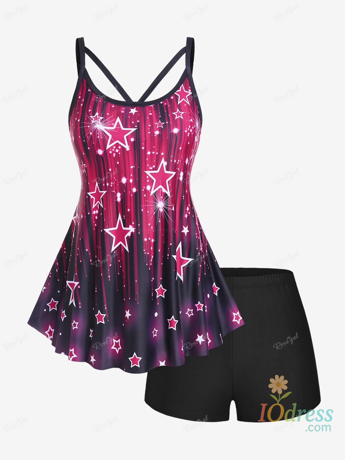 IO Dress Rosegal Womens Plus Size 3D Sparkles Stars Printed  Halter Backless  Waist Modest Boyshorts Tankini Swimsuit