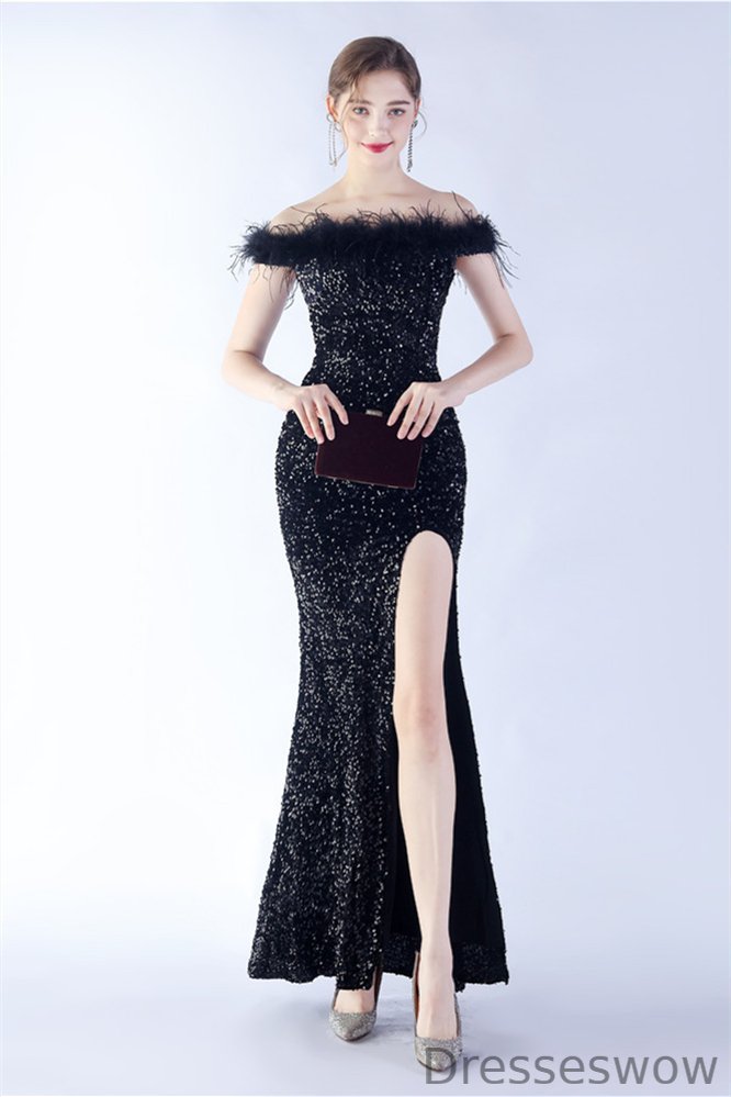 Dresseswow Off-the-Shoulder Feather Evening Dress Split Sequin Mermaid Long