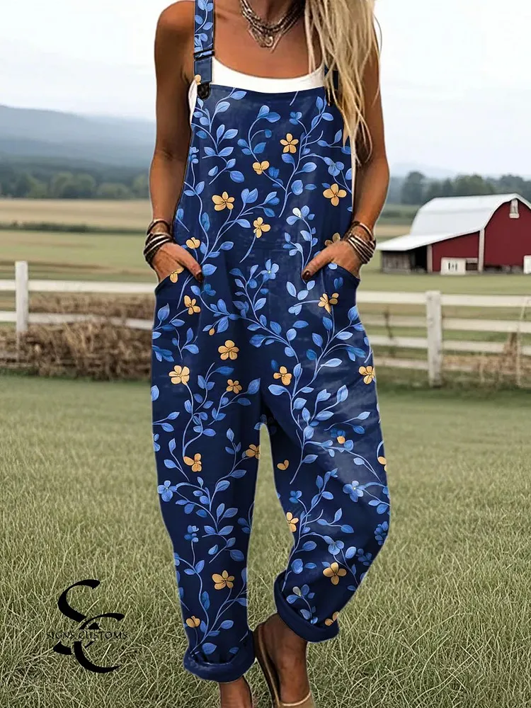 Women's Vintage Flower Art Print Casual 100% Cotton Wide Leg Jumpsuit