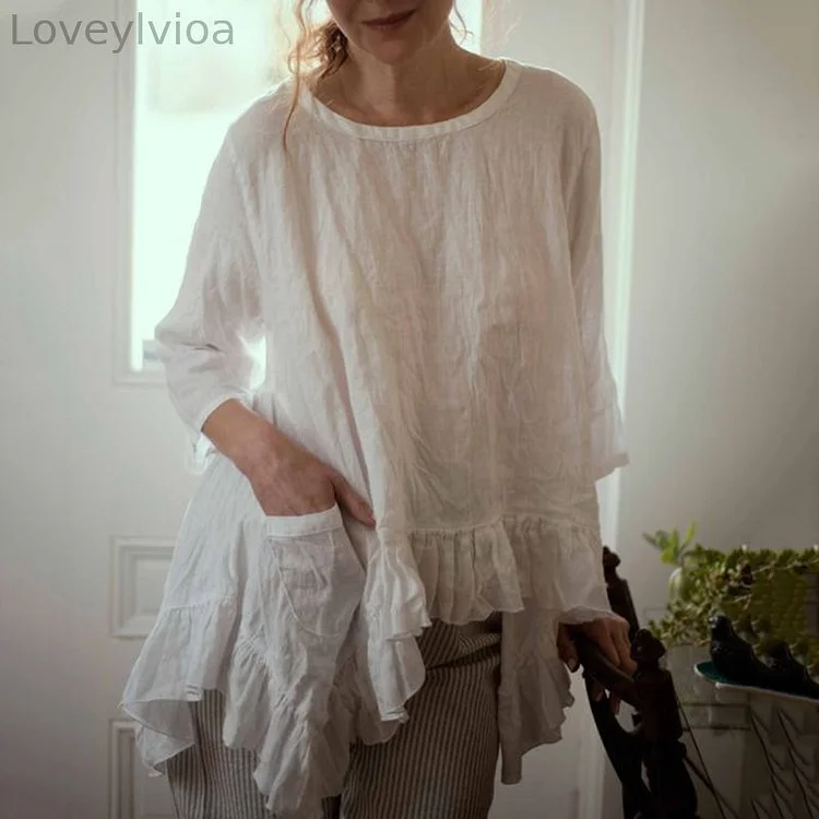 Vintage Irregular Hem With Ruffled Edges Comfy Cotton Linen Shirt