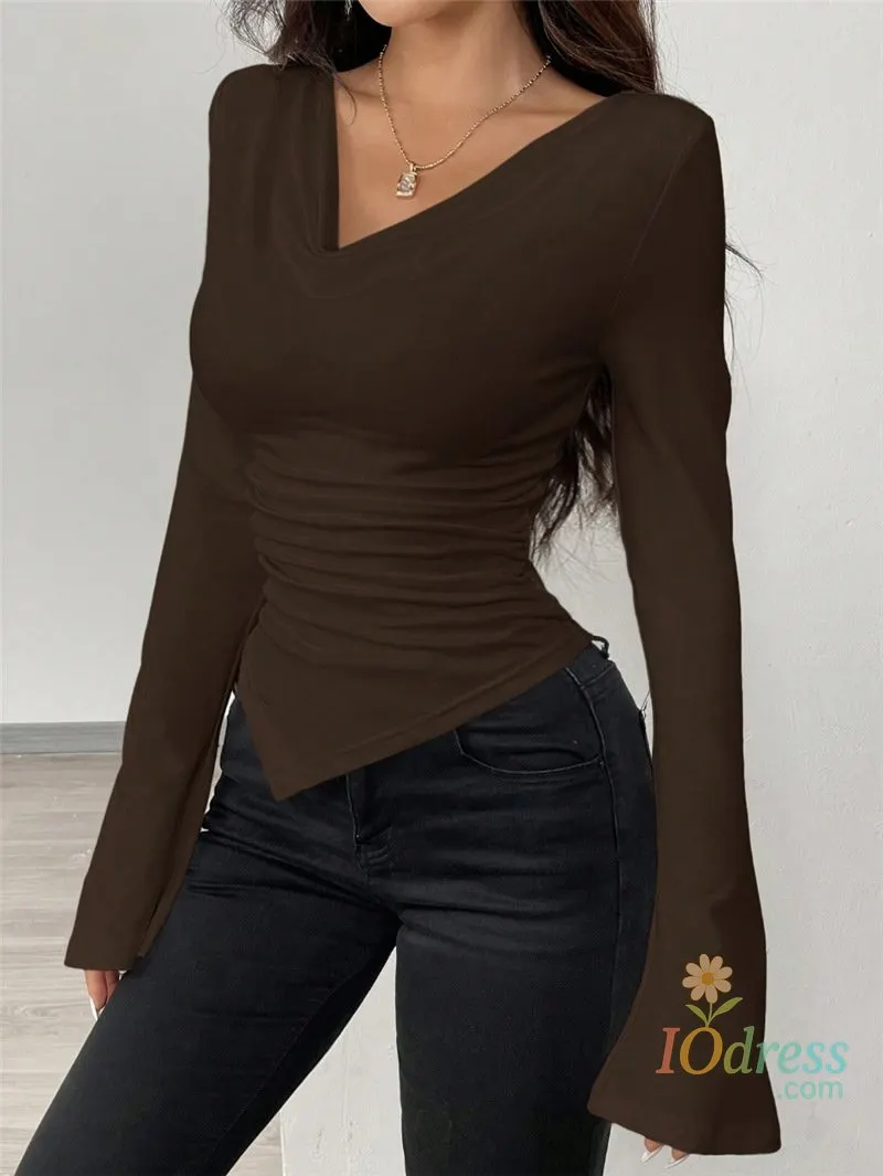 IO Dress 2026 New Summer Style Fashionable V-neck Off-shoulder Two-wear Design Slim-fit Pleated Irregular Long-sleeved T-shirt IO Dress