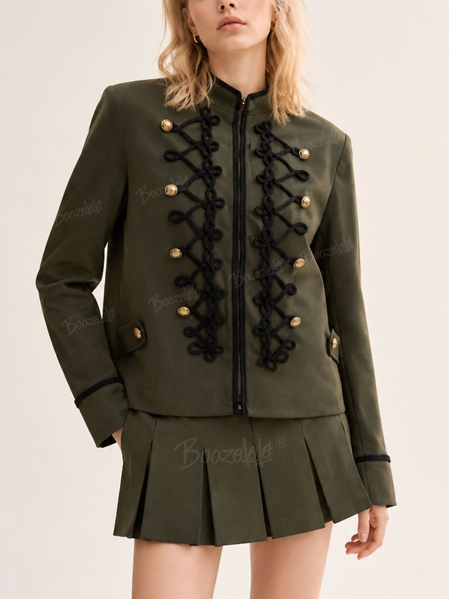 Perfect for Weekend Music Festivals &mdash; Olive Green Black-Trimmed Stand Collar Baroque Braided Cord Modern Edgy Jacket