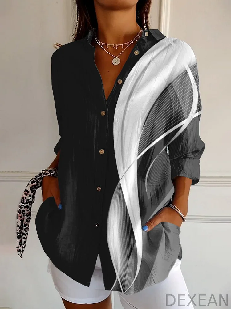 Color Block Abstract Art Print Casual Long Sleeve Shirt