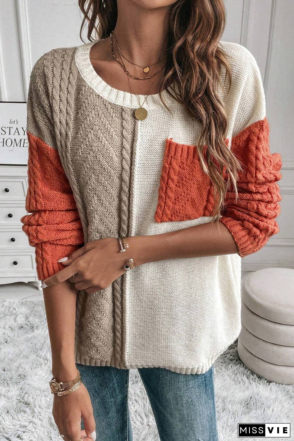 Colorblock Cable Patch Pocket Sweater