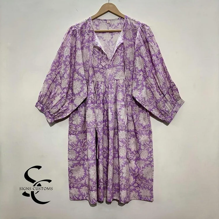 Floral Hand Block Print Woman Midi Dress &ndash; Bohemian Cotton Tunic for Women with Zipper & String Closure