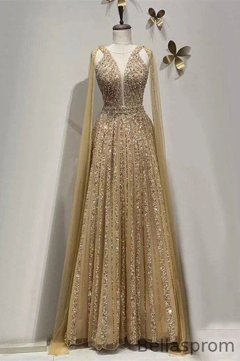 Bellasprom Gold V-Neck Ruffle Sleeves A-Line Prom Dress With Beadings Bellasprom