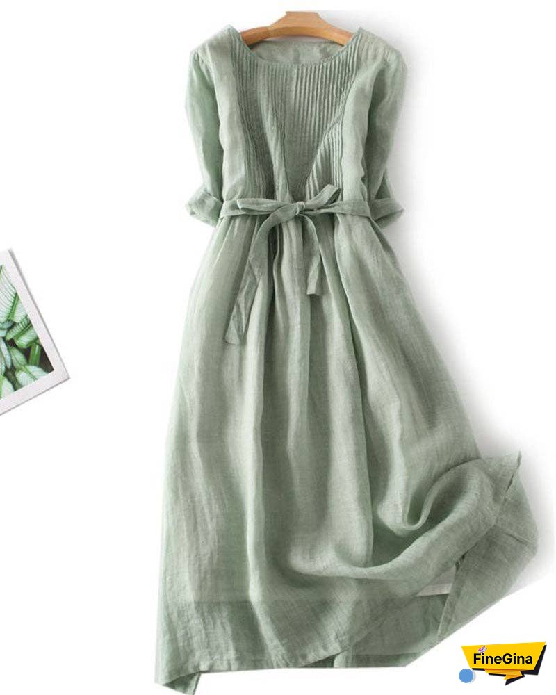 Loose Cotton Linen Tie Three Quarter Sleeve Dress