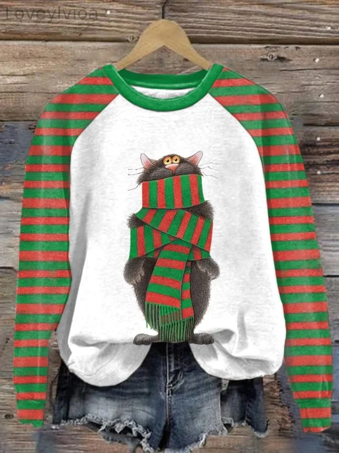 Women's Winter Scarf Cat Print Casual Sweatshirt