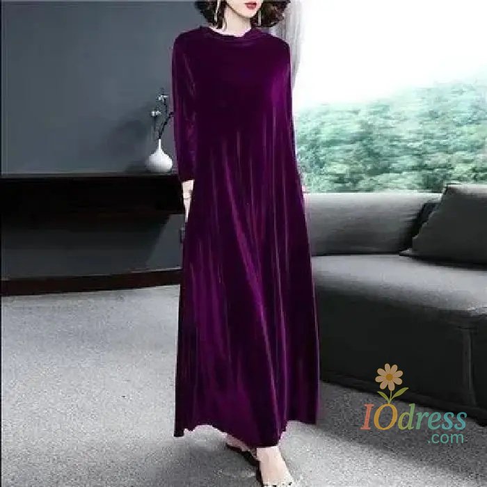 IO Dress Elegant Long Sleeve Velvet Dress Autumn Spring New Style Puffy Collar Slimming Tummy Covering Mid-Length Gown Princess Sleeve