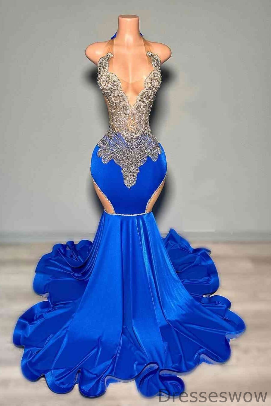 Dresseswow Royal Blue Sleeveless Prom Dress Mermaid Long With Beadings