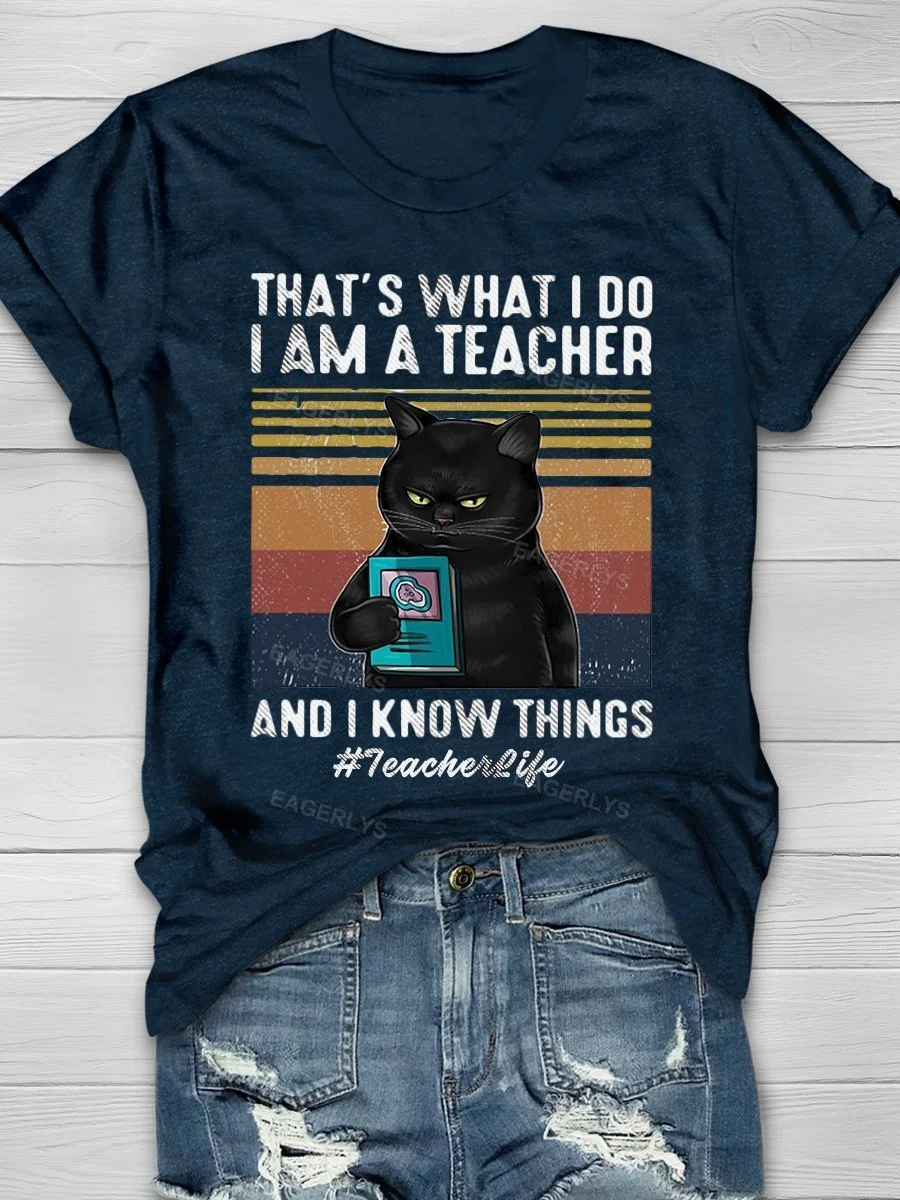 Eagerlys Black Cat Teacher Knows Things Print Short Sleeve T-shirt Eagerlys