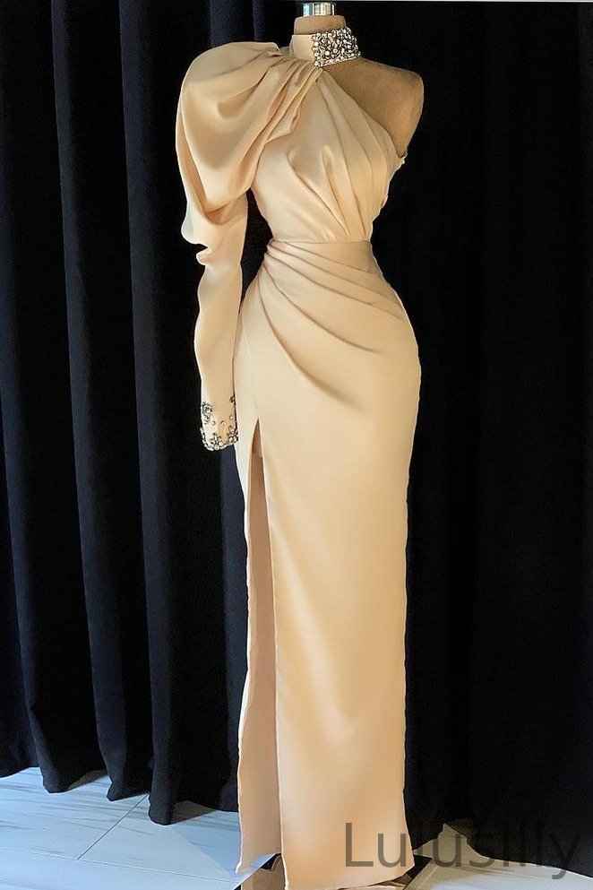 One Shoulder Long Sleeves Mermaid Prom Dress Crystals - lulusllly