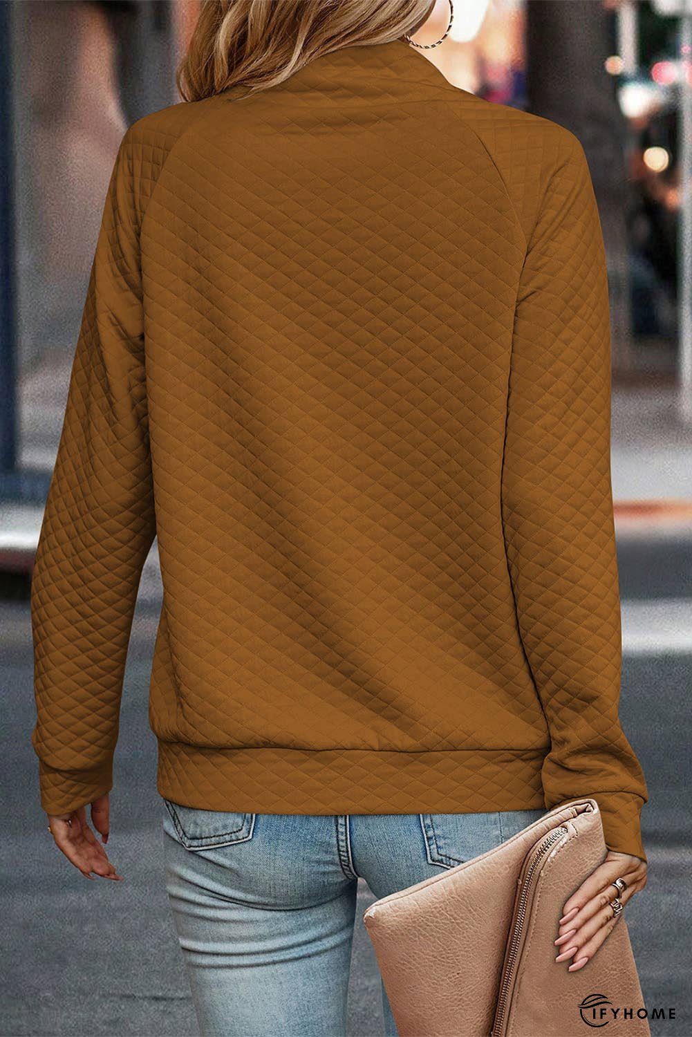 Quilted Buttoned Neckline Stand Neck Pullover Sweatshirt | IFYHOME