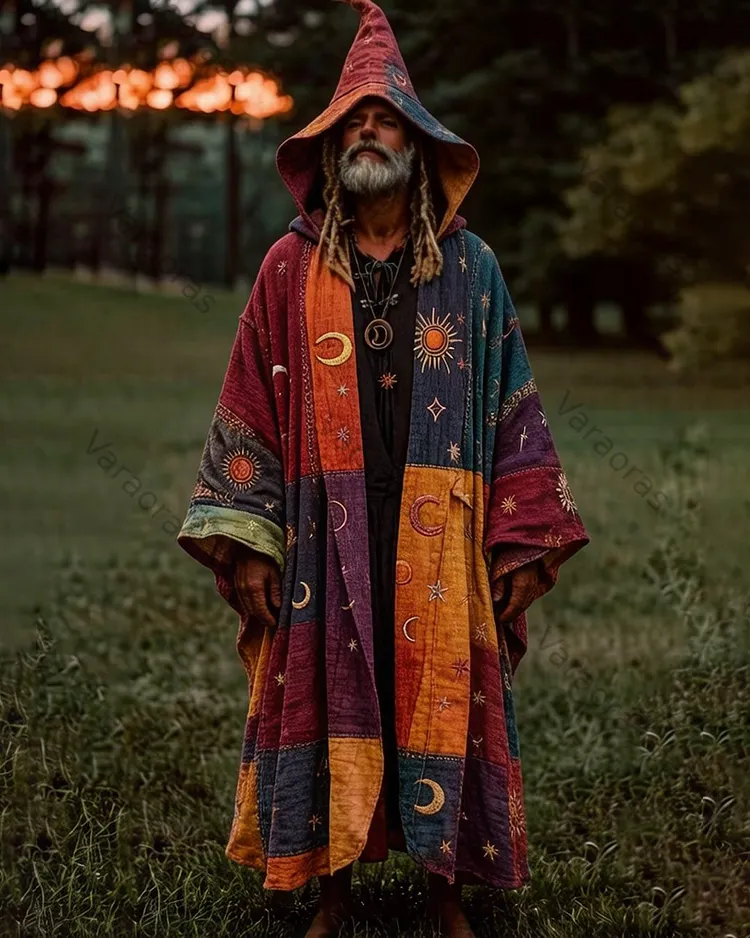 Men's Summer Fashion Hippie Style Star and Moon Embroidered Linen Cardigan Hooded Cape  1748