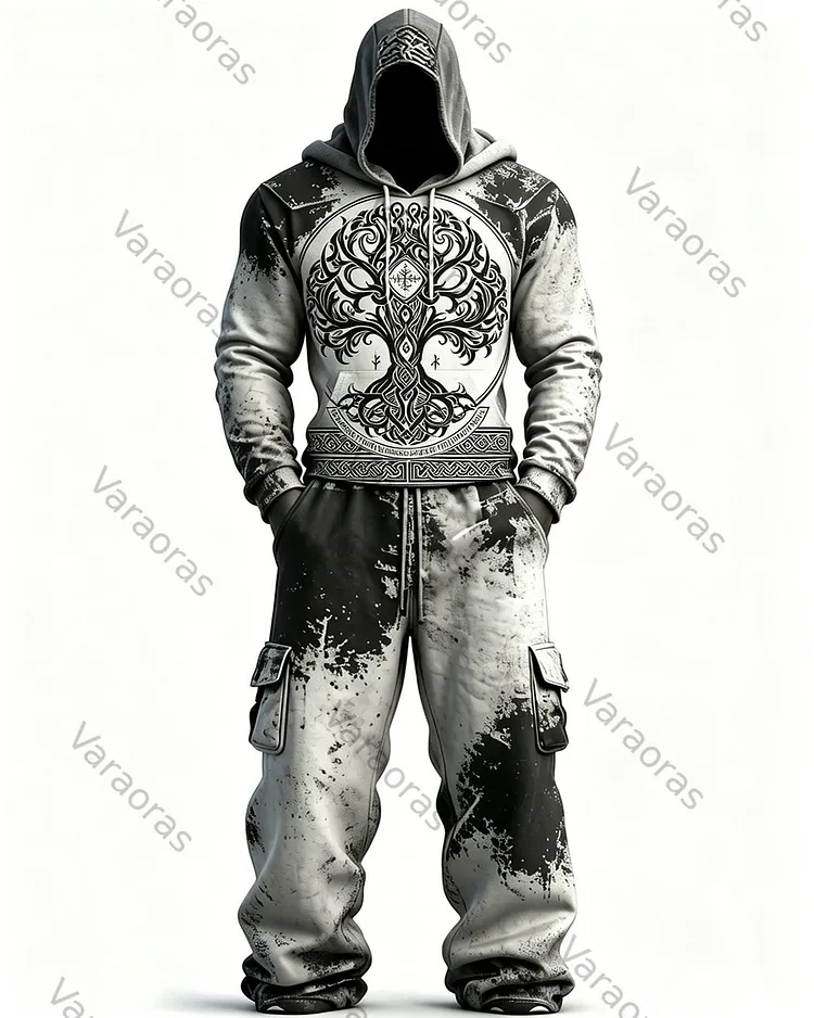 Men's Fashion Viking Tree of Life Embroidered Hoodie & Pants Two-Piece Set 4415
